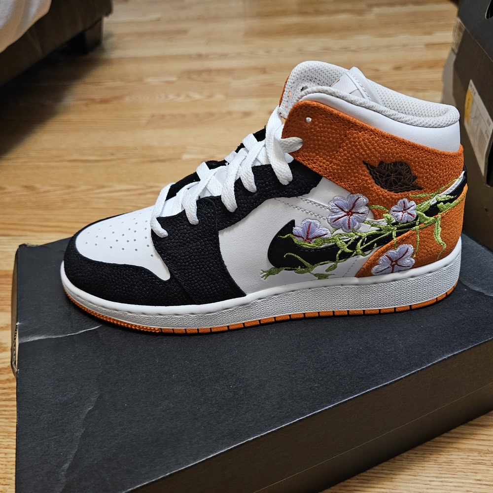 Nike Kids Sneakers - Black, White, and Orange with Floral Design